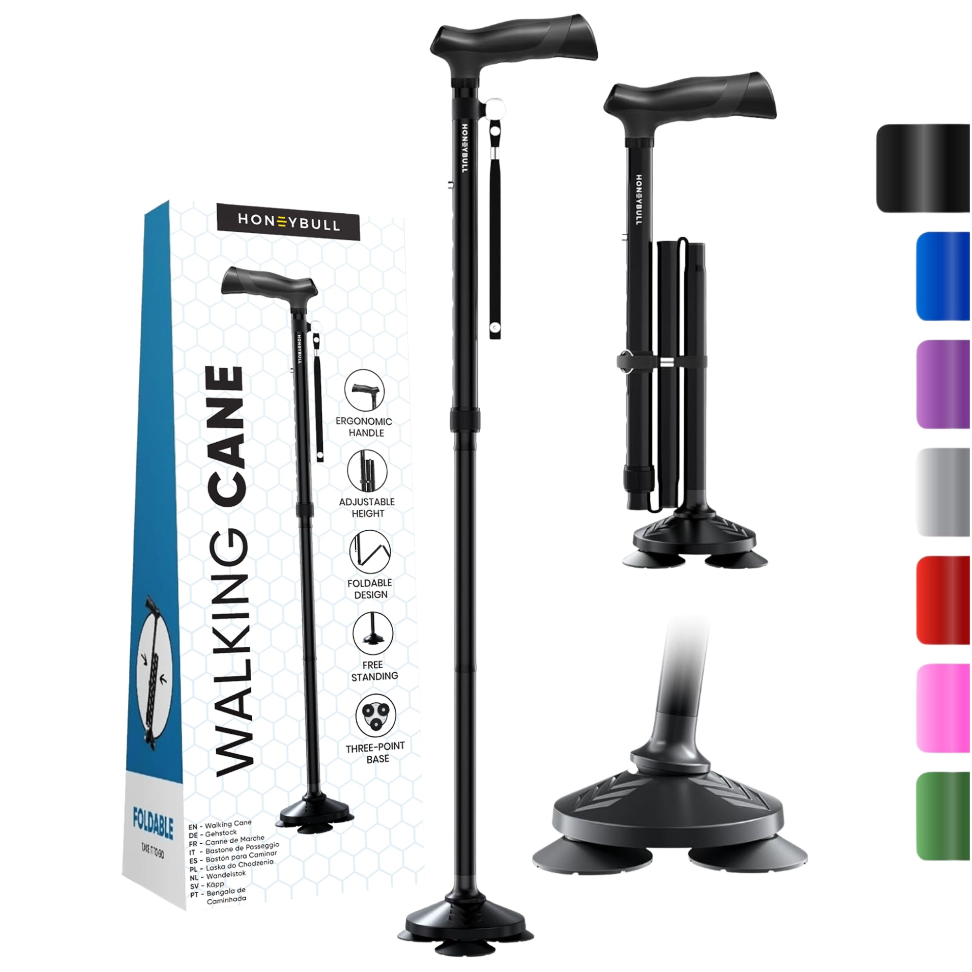 cast-a-cane fishing pole and collapsible adjustable walking cane HONEYBULL Walking Cane for Men & Women - Foldable, Adjustable, Collapsible, Free Standing Cane, Pivot Tip, Heavy Duty